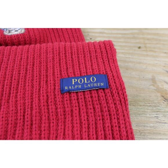Polo Ralph Lauren Scarf Mens Red Ribbed Wool Blend Winter Toggle Coat Bear Logo - Picture 4 of 6
